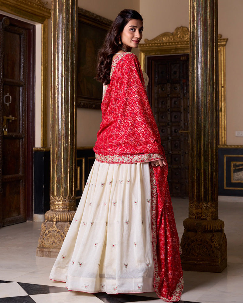 Off White Color Vichitra Silk Sequins And Thread Embroidered Lehenga Choli