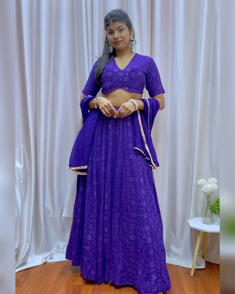 Purple Georgette Lucknowi Semi Stitched Lehenga Choli