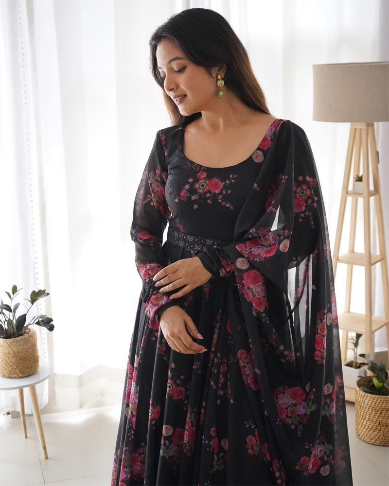 Black Color Floral Print Soft Organza Silk Kali Cut Anarkali Suit