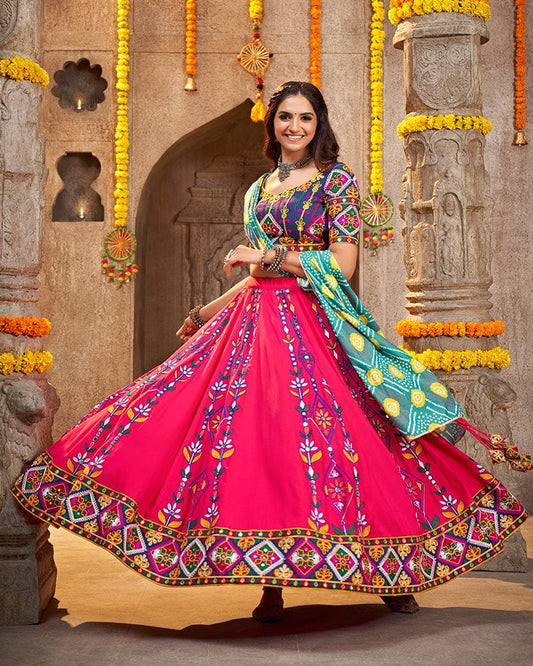 Deep Pink Color Viscose Rayon Mirror Work Navratri Lehenga Choli