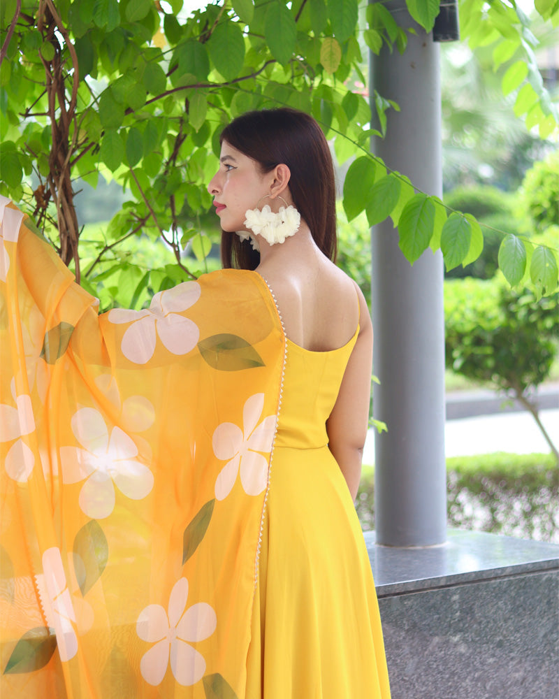 Mustard Yellow Color Soft Georgette Anarkali Gown With Floral Printed Dupatta