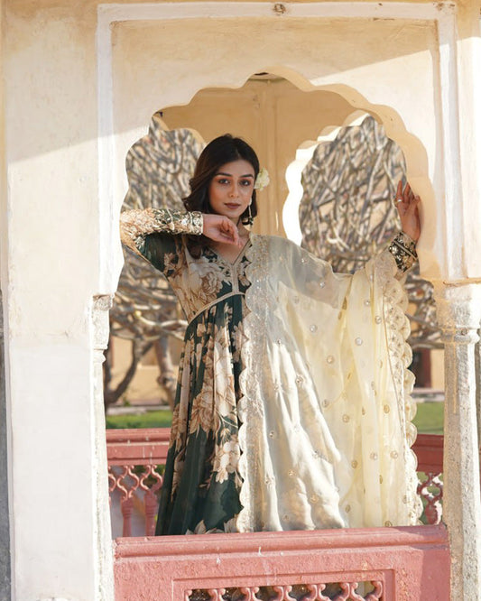 Designer Wedding Wear Printed Olive Green Color Gown With Dupatta