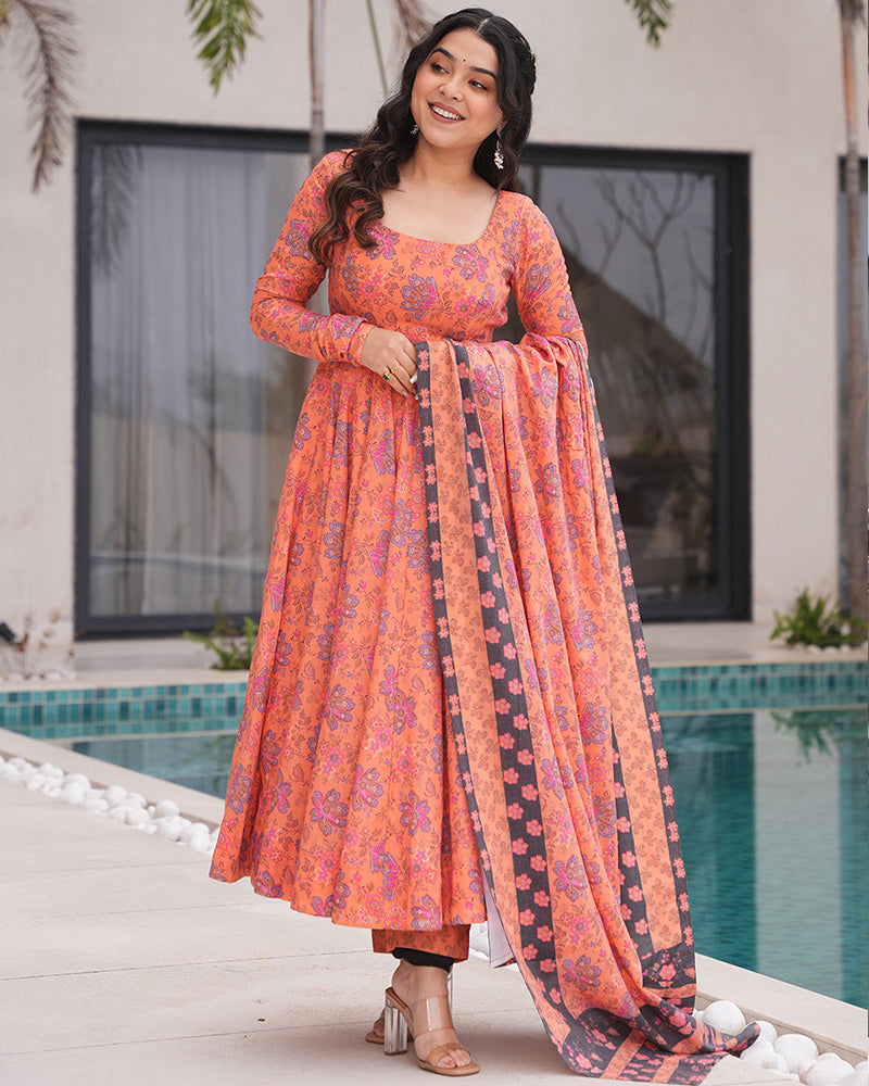 Orange Color Printed Soft Cotton Three Piece Anarkali Suit