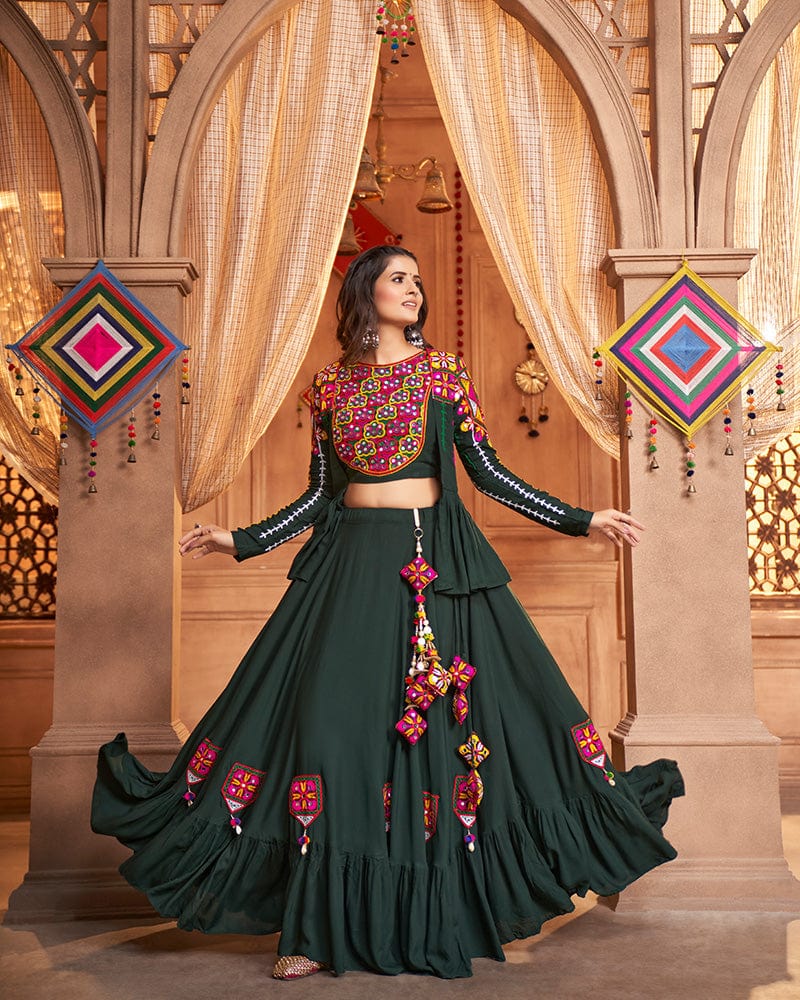 Green Color Viscose Rayon Threaded Fully Stitched Navratri Lehenga Choli