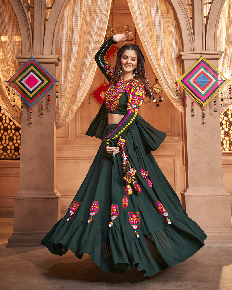 Green Color Viscose Rayon Threaded Fully Stitched Navratri Lehenga Choli