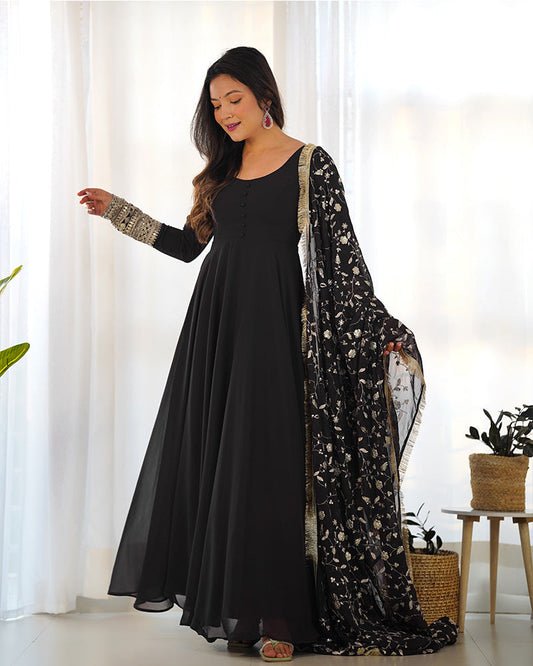 Black Color Soft Georgette Anarkali Gown With Heavy Embroidery Work Dupatta