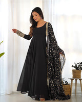Black Color Soft Georgette Anarkali Gown With Heavy Embroidery Work Dupatta