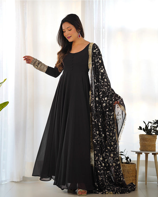 Black Color Soft Georgette Anarkali Gown With Heavy Embroidery Work Dupatta