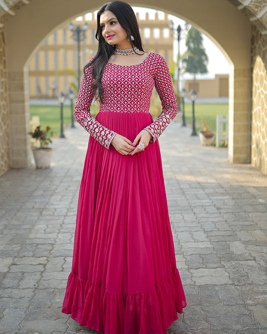 Pink Color Designer Zari Embroidery work Gown
