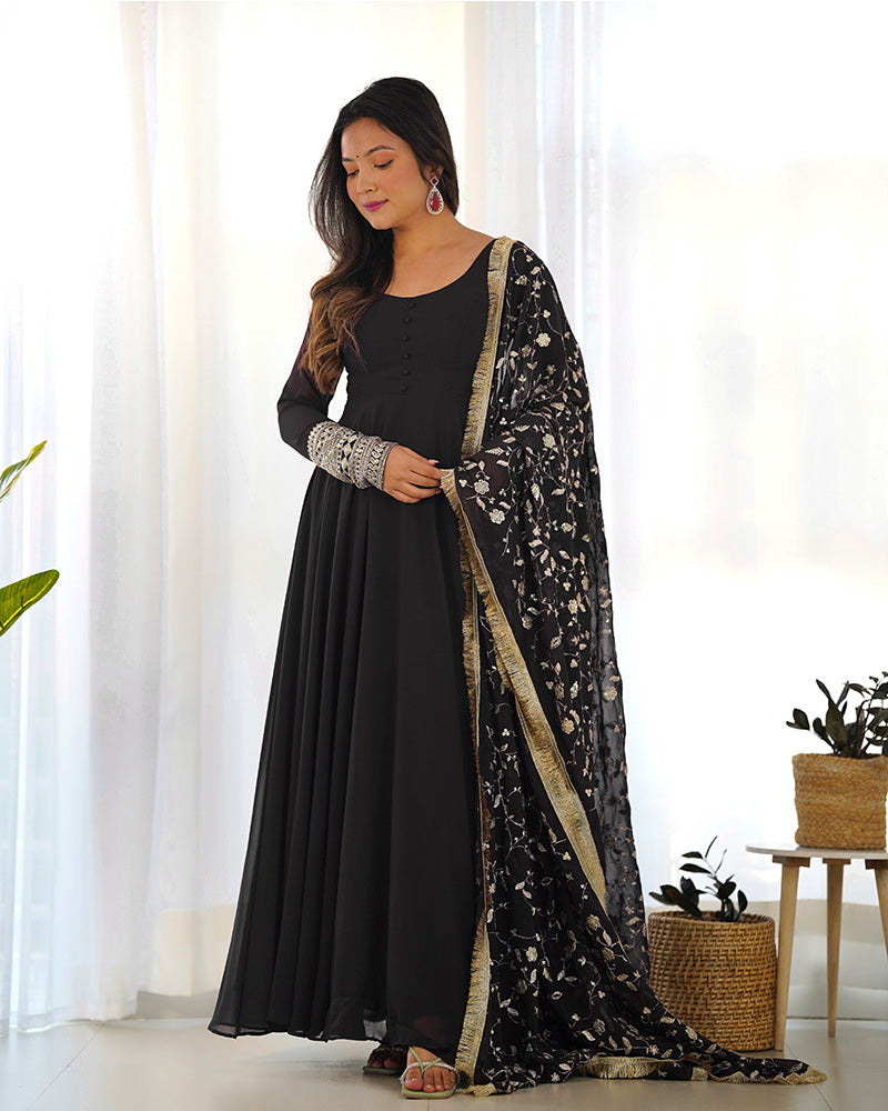Black Color Soft Georgette Anarkali Gown With Heavy Embroidery Work Dupatta