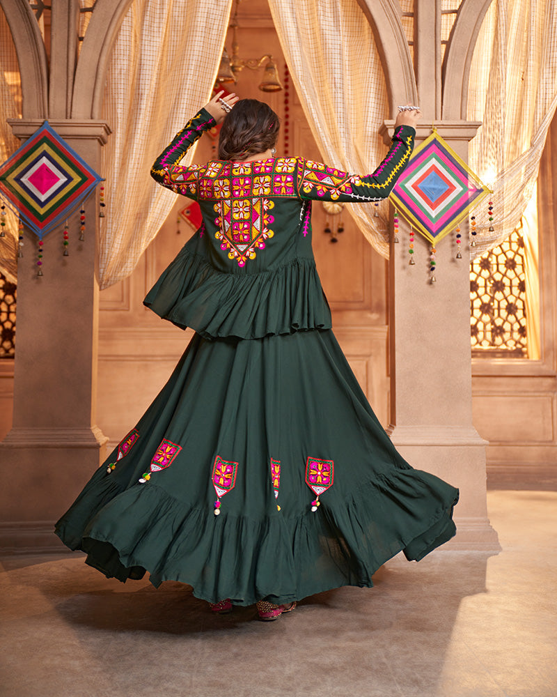 Green Color Viscose Rayon Threaded Fully Stitched Navratri Lehenga Choli