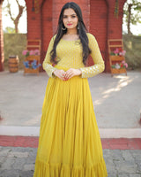 Yellow Color Designer Zari Embroidery work Gown