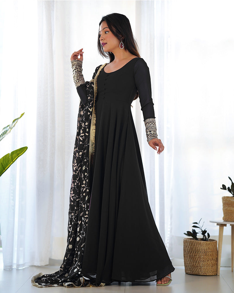 Black Color Soft Georgette Anarkali Gown With Heavy Embroidery Work Dupatta