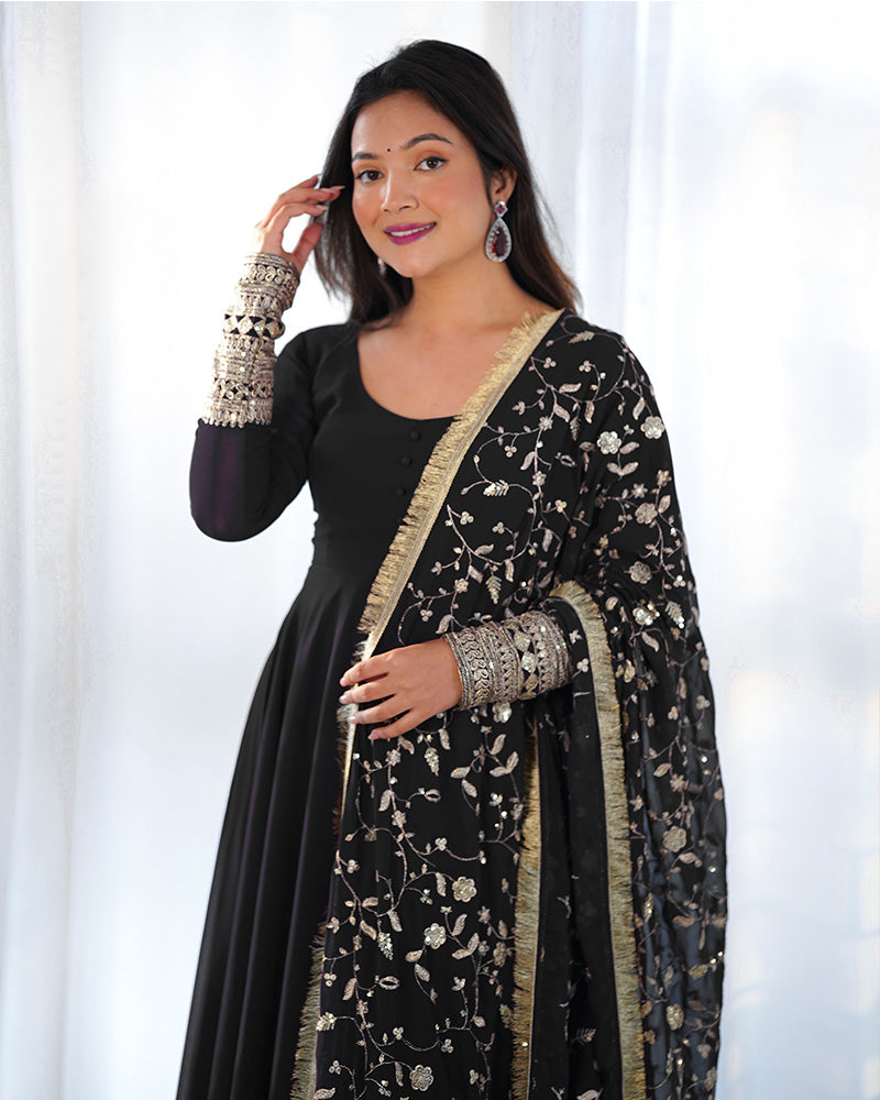 Black Color Soft Georgette Anarkali Gown With Heavy Embroidery Work Dupatta