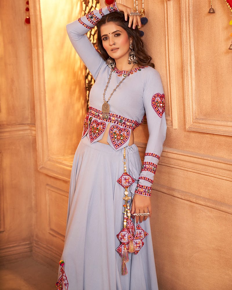 Sky Color Viscose Rayon Threaded Fully Stitched Navratri Lehenga Choli
