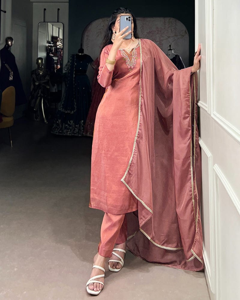 Peach Color Viscose Tissue Three Piece Kurti Suit