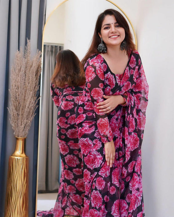 Neha Bagga Floral Wine Colour Chiffon Pre Drapped Saree