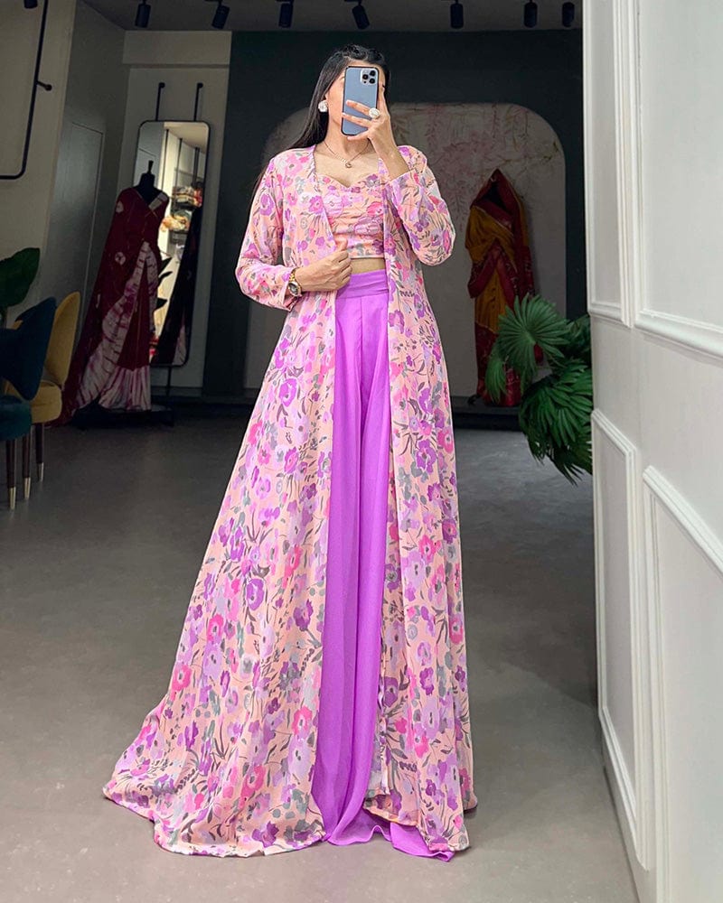 Lavender Color Georgette Printed Shrug With Plazzo Suit