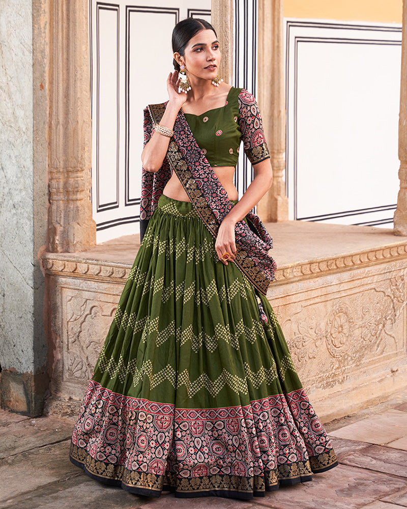 Designer Green Color Ajarakh Print Silk Lehenga Choli