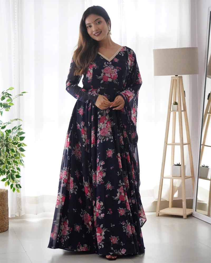 Floral Navy Blue Color Pure Soft Georgette Anarkali Suit