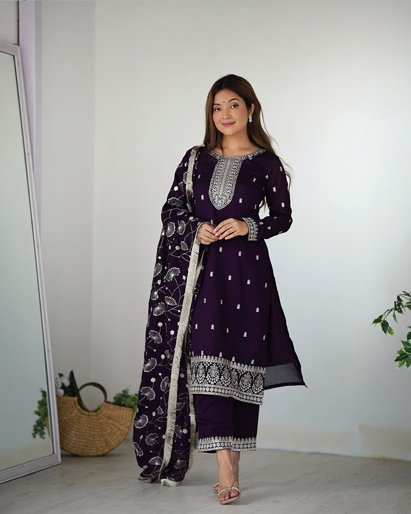 Purple Color Rangoli Silk Three Piece Kurti Suit