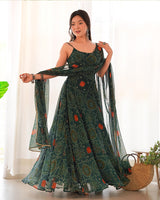 Floral Dark Green Color Bandhani Print Soft Chiffon Anarkali Gown