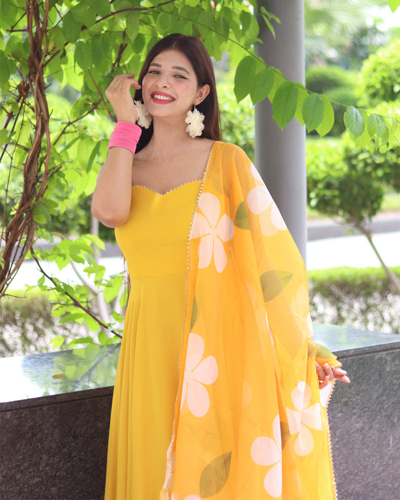 Mustard Yellow Color Soft Georgette Anarkali Gown With Floral Printed Dupatta