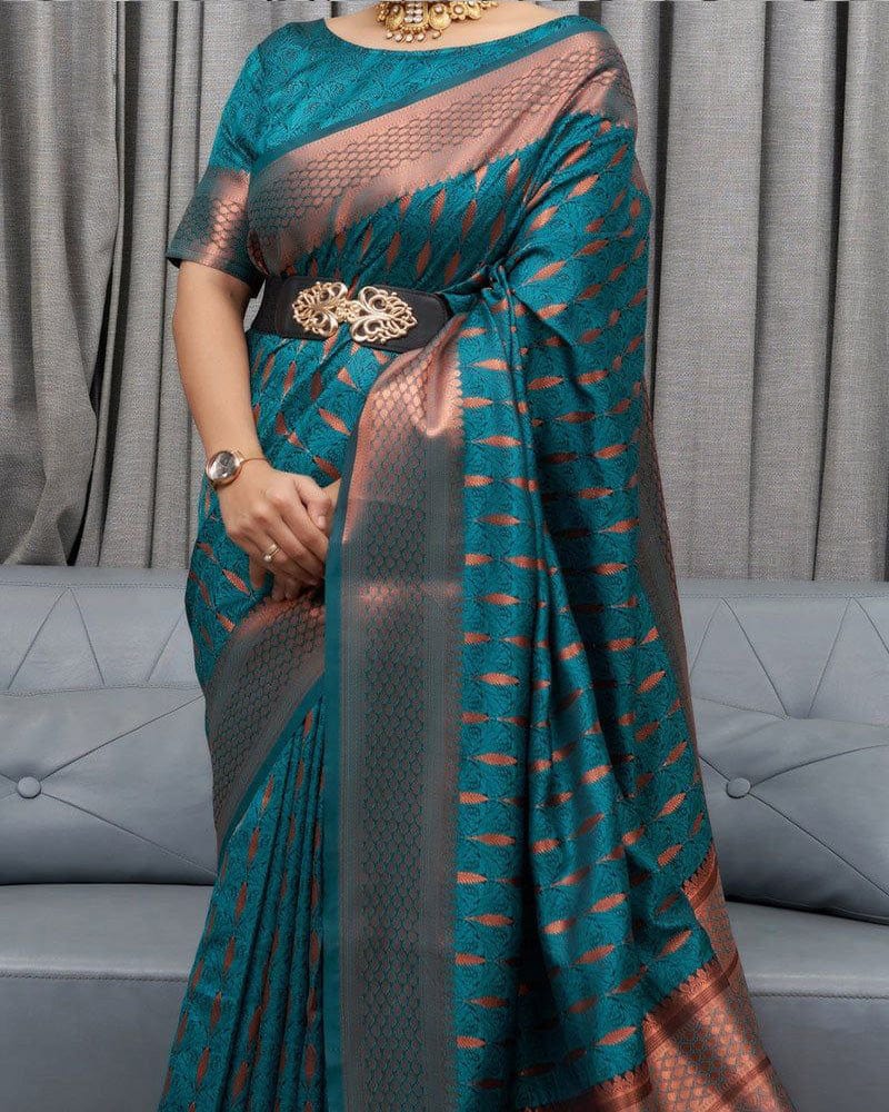 Bottle Green color Zari Weaving Work Pure Silk Saree