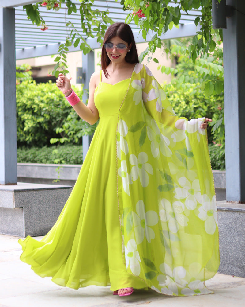 Neon Color Soft Georgette Anarkali Gown With Floral Printed Dupatta