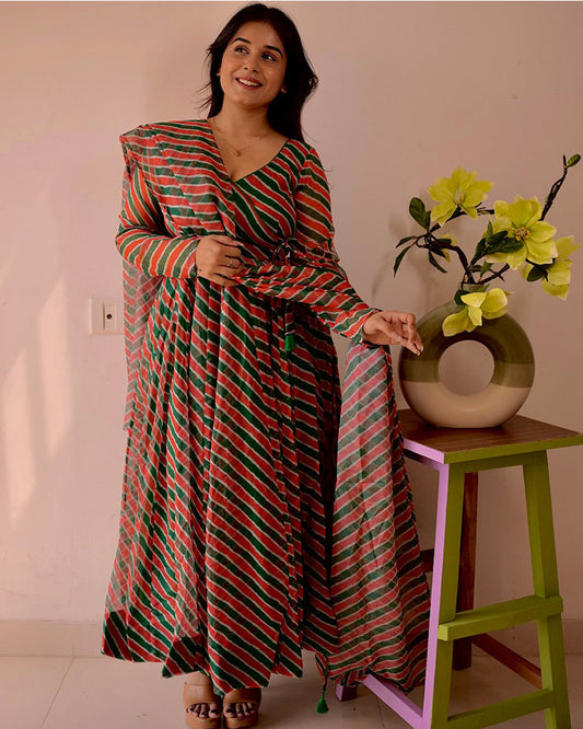 Green And Red Color Laheriya Print Tabby Organza Anarkali Suit
