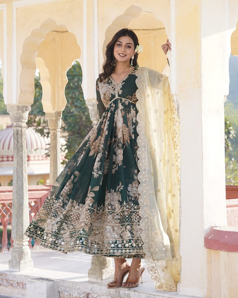Designer Wedding Wear Printed Olive Green Color Gown With Dupatta