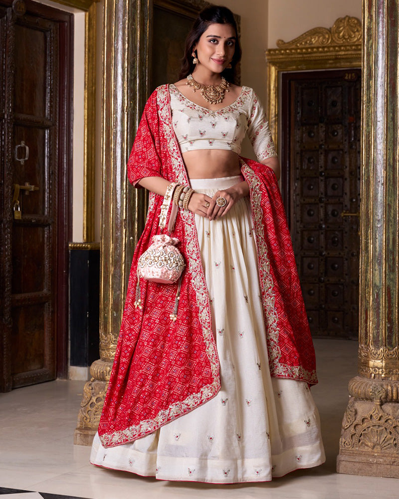 Off White Color Vichitra Silk Sequins And Thread Embroidered Lehenga Choli