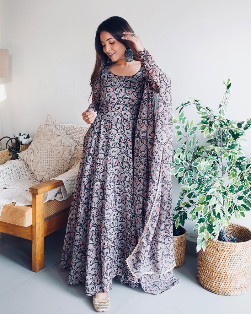 Kalamkari Black Color Anarkali Three Piece Suit