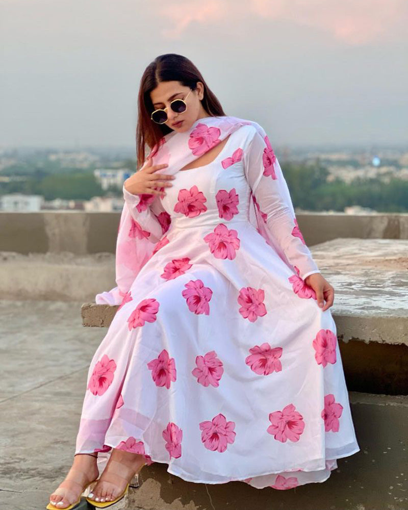 Sonia Verma White Rose Colour Three Piece Organza Tebby Anarkali Suit