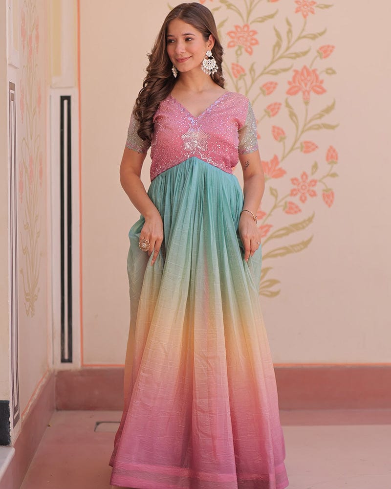 Puce pink Color Gold Crush Embroidered work Gown