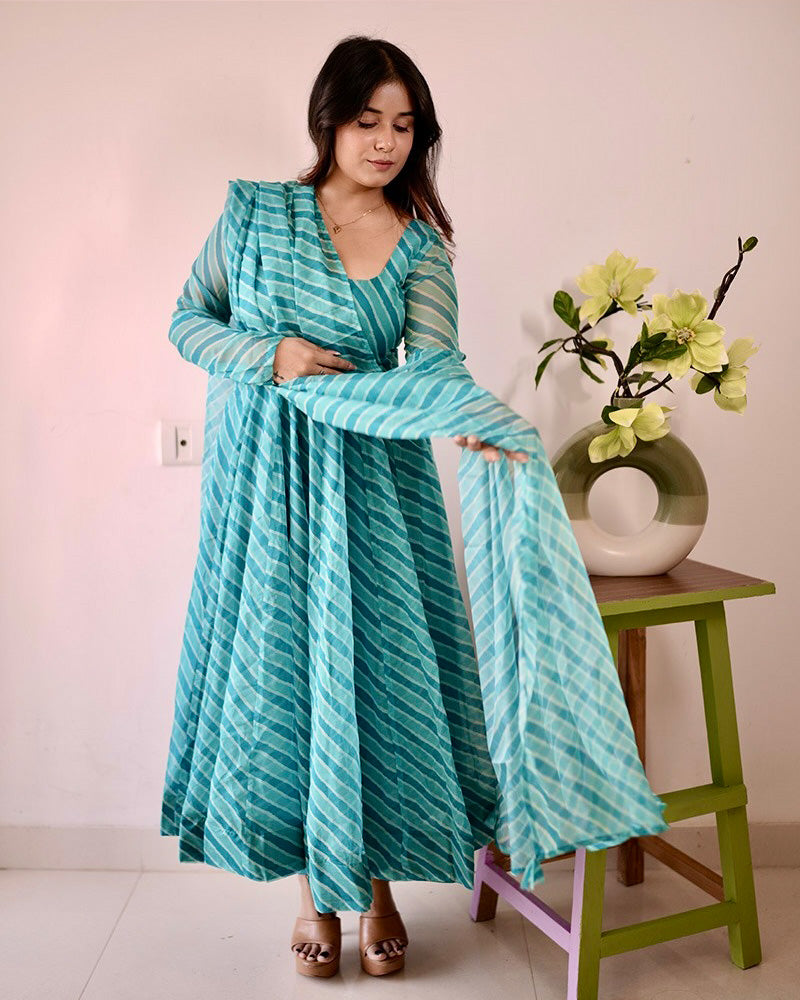 Firozi Color Laheriya Print Tabby Organza Anarkali Suit