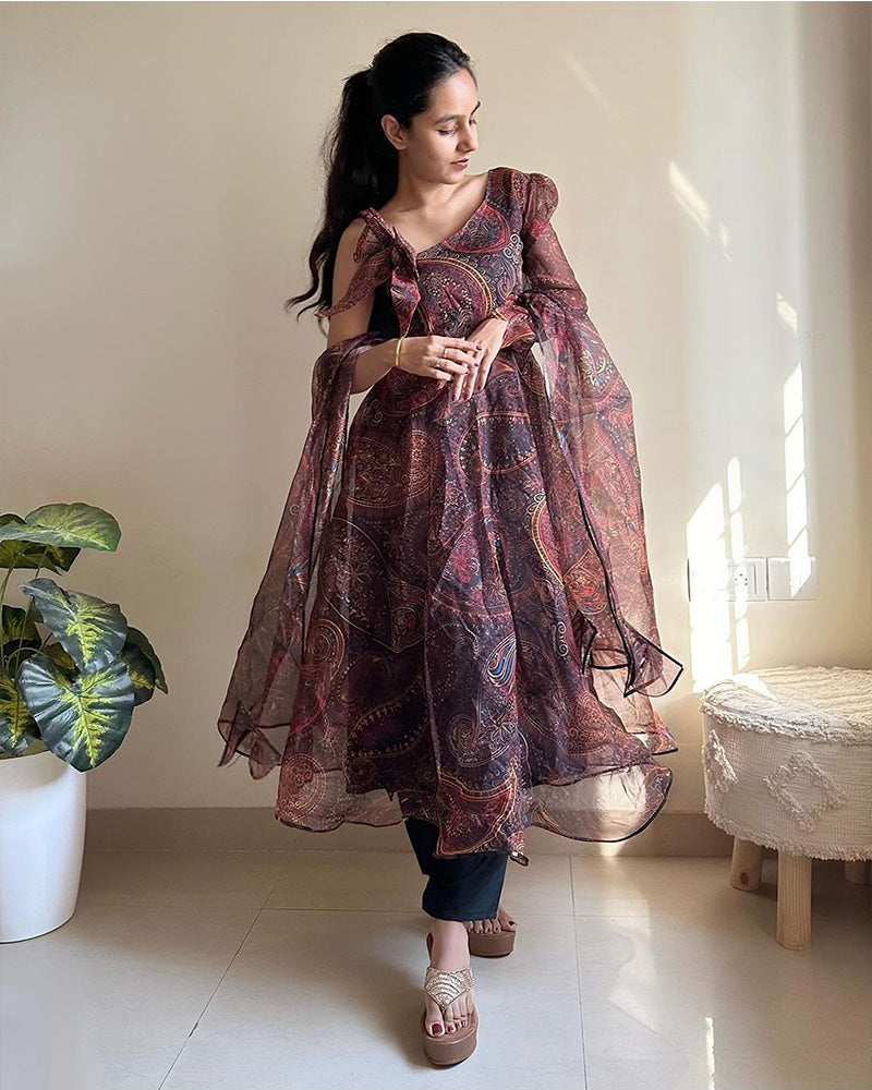 Brown Color Printed Soft Organza Anarkali Three Piece Suit