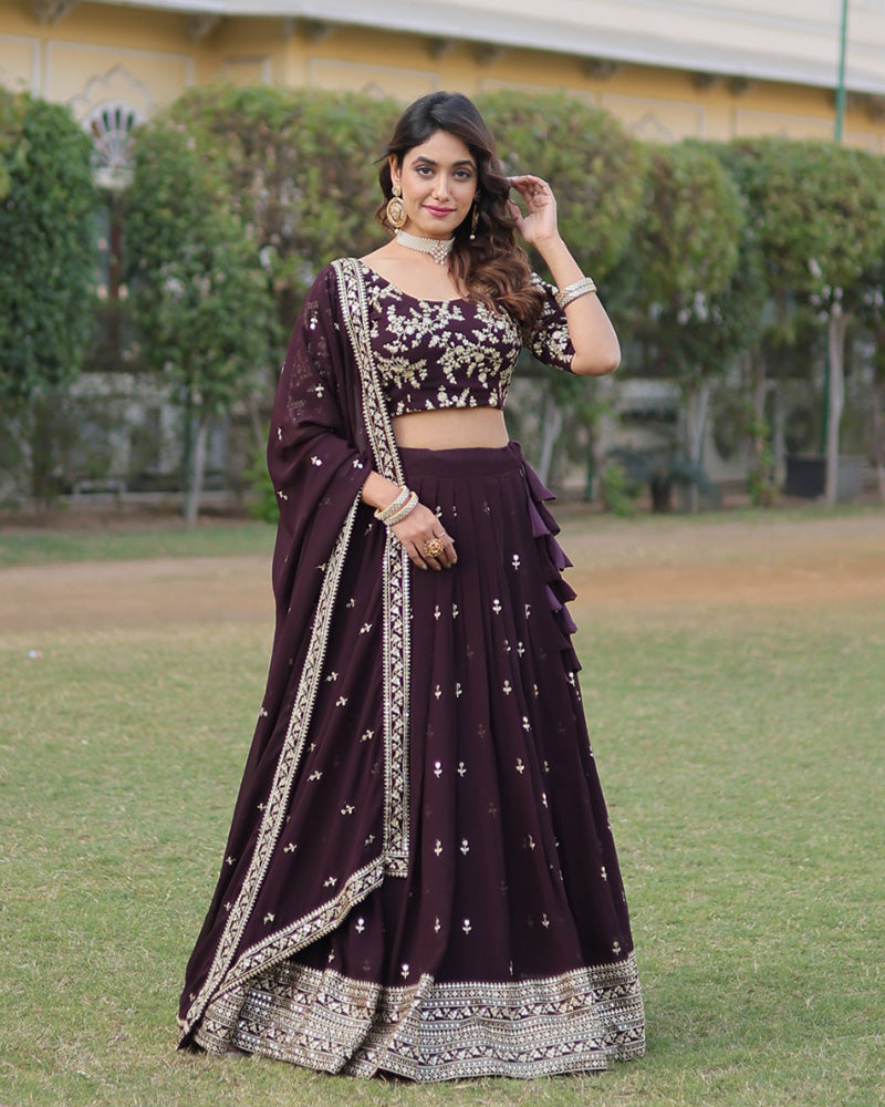 Wedding Wear Dark Wine Color Designer Blooming Lehenga Choli