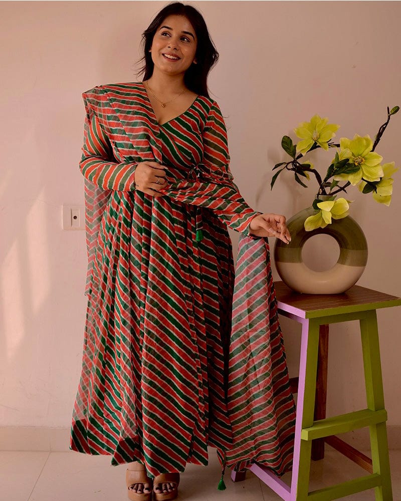 Green And Red Color Laheriya Print Tabby Organza Anarkali Suit