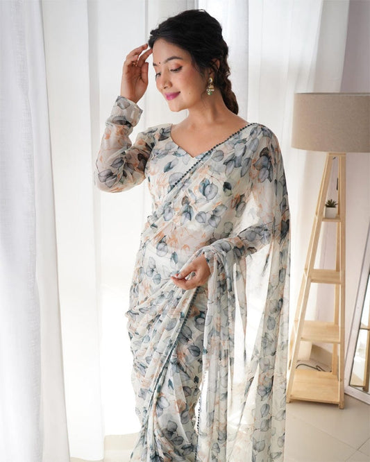 Floral Cream Off White Colour Chiffon Pre Drapped Saree