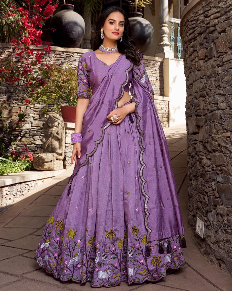 Lavender Color Vichitra Silk Thread Embroidered Lehenga Choli