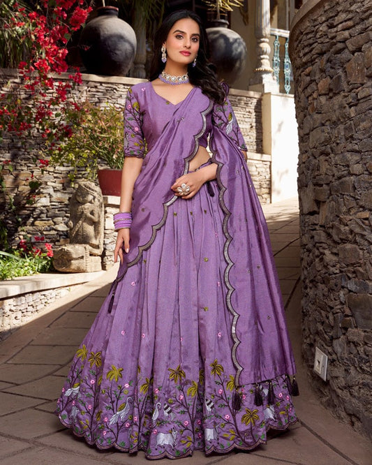 Lavender Color Vichitra Silk Thread Embroidered Lehenga Choli
