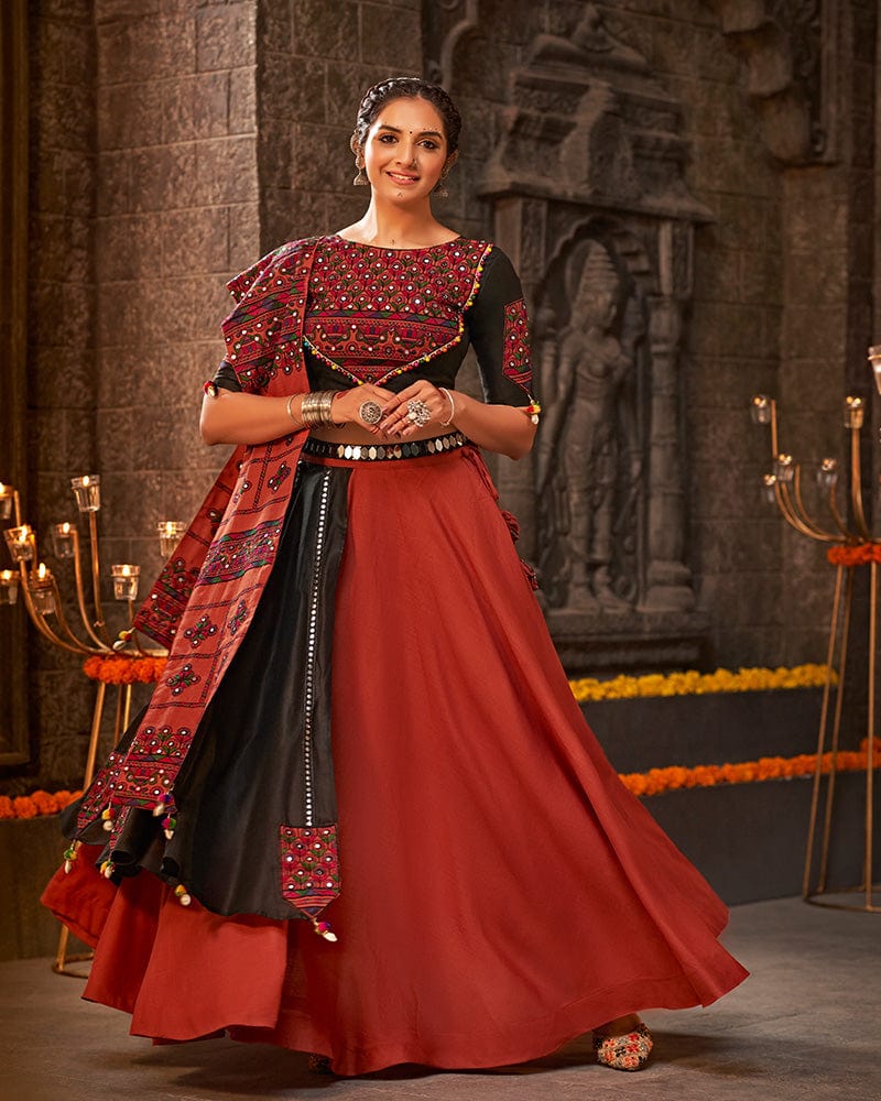 Orange Color Cotton Thread With Mirror Work Navratri Lehenga Choli