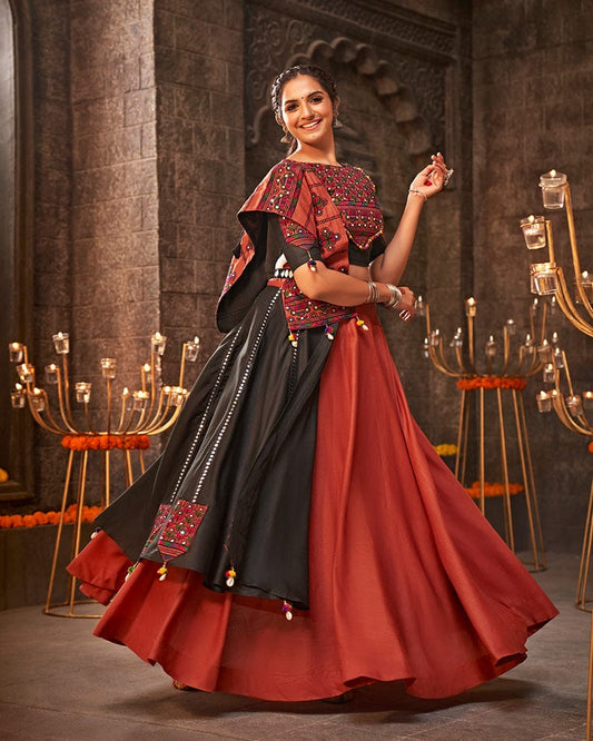 Orange Color Cotton Thread With Mirror Work Navratri Lehenga Choli