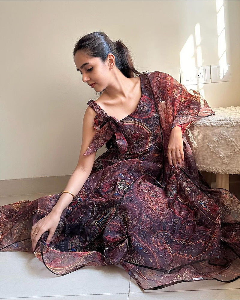 Brown Color Printed Soft Organza Anarkali Three Piece Suit