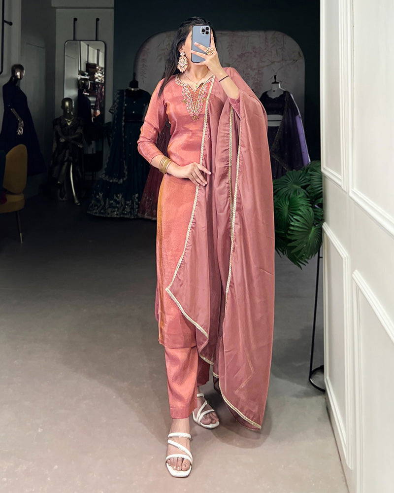Peach Color Viscose Tissue Three Piece Kurti Suit