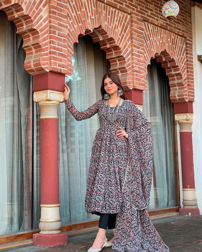 Kajal & Shilpa Chaudhary Sister Black Colour Anarkali Three Piece Suit