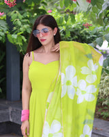 Neon Color Soft Georgette Anarkali Gown With Floral Printed Dupatta