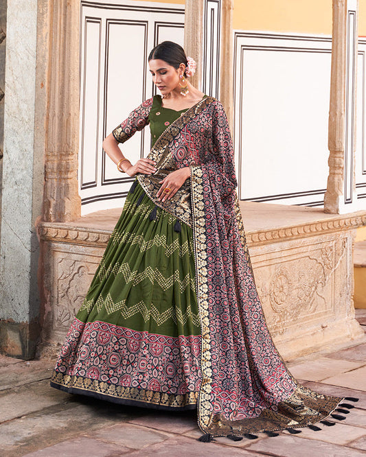 Designer Green Color Ajarakh Print Silk Lehenga Choli