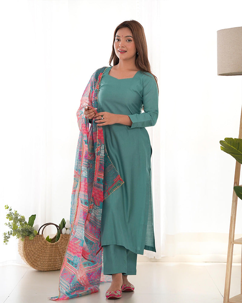 Sea Green Color Viscose Ready To wear Three Piece Kurti Suit